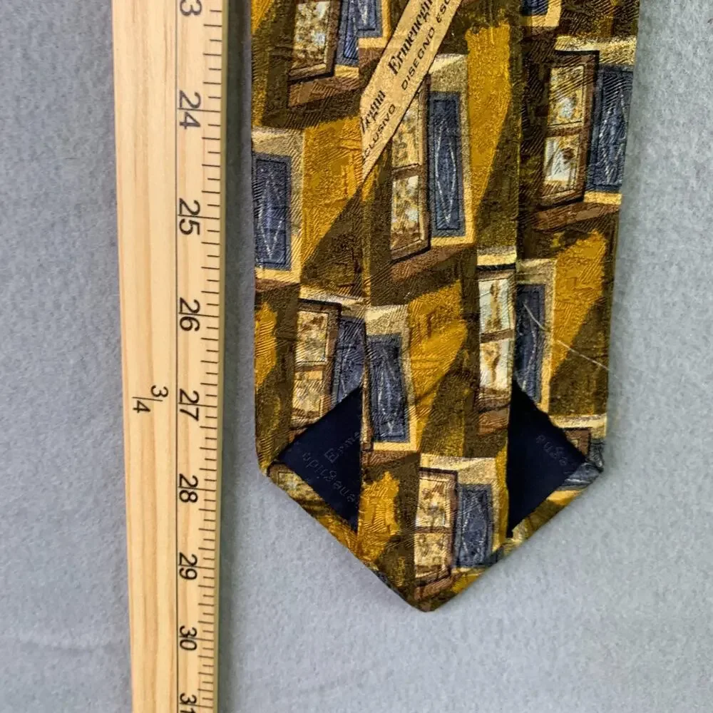 Ermenegildo Zegna Neck Tie Silk Gold Blue Geometric Windows Made In Italy Mens